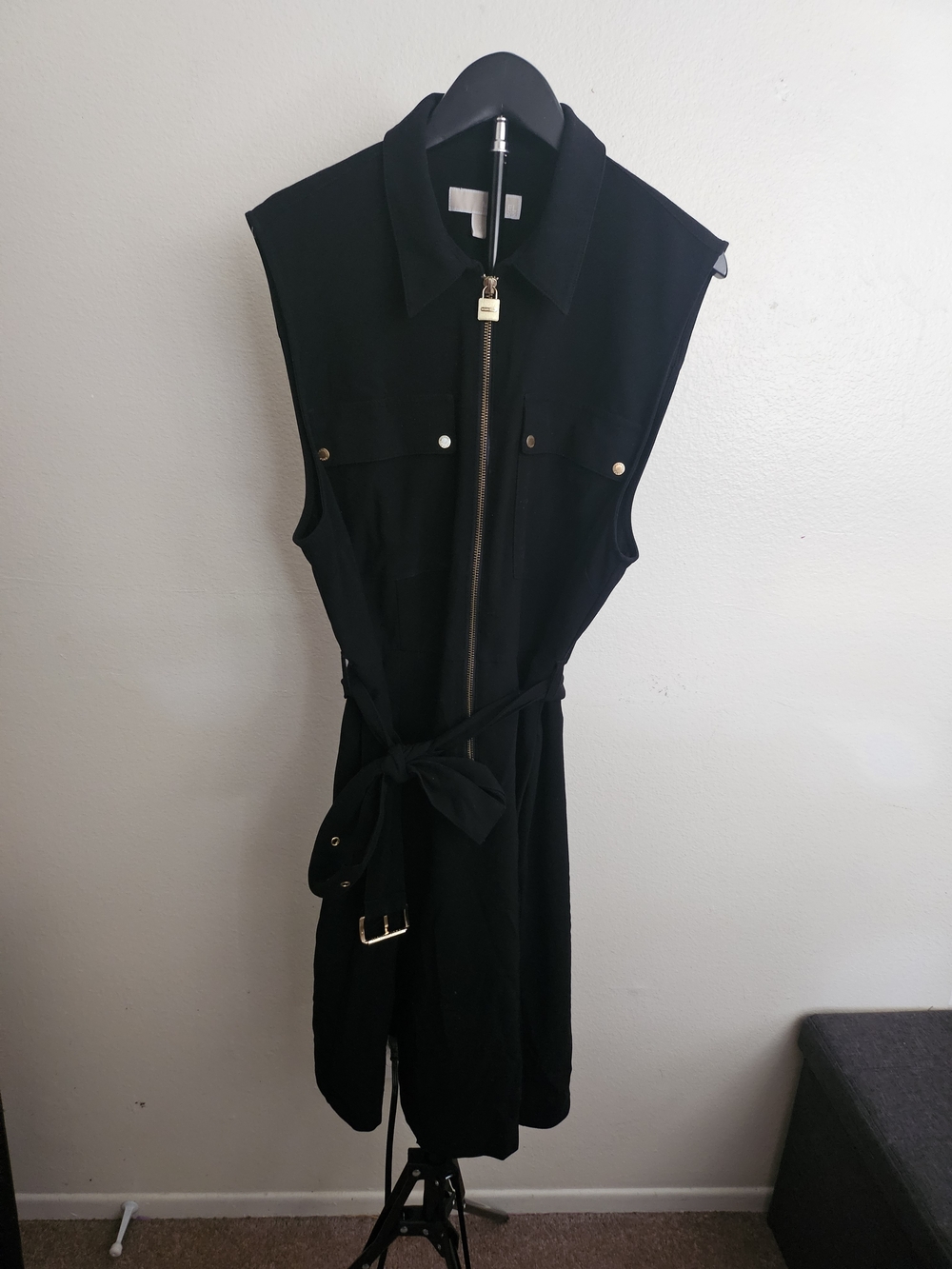 Michael Kors Black Sleeveless Zip-Front Midi Dress with Belt